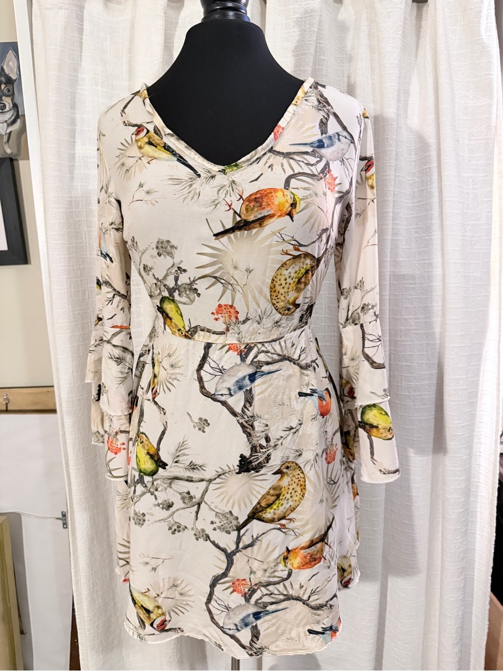 Tempo Paris V-Neck Long Sleeve Bird-Print Dress